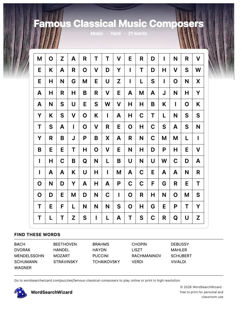 Famous Classical Music Composers word search printable sheet, 21 words to find