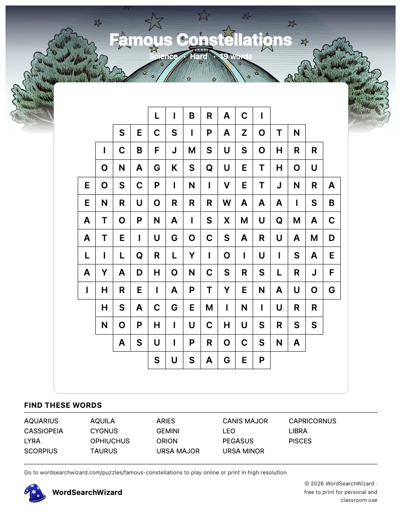 Famous Constellations word search printable sheet, 19 words to find