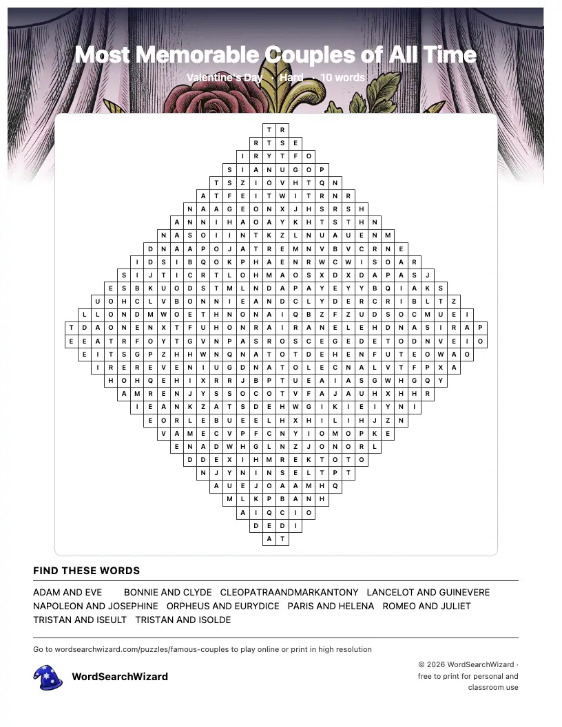 Most Memorable Couples of All Time word search printable sheet, 10 words to find