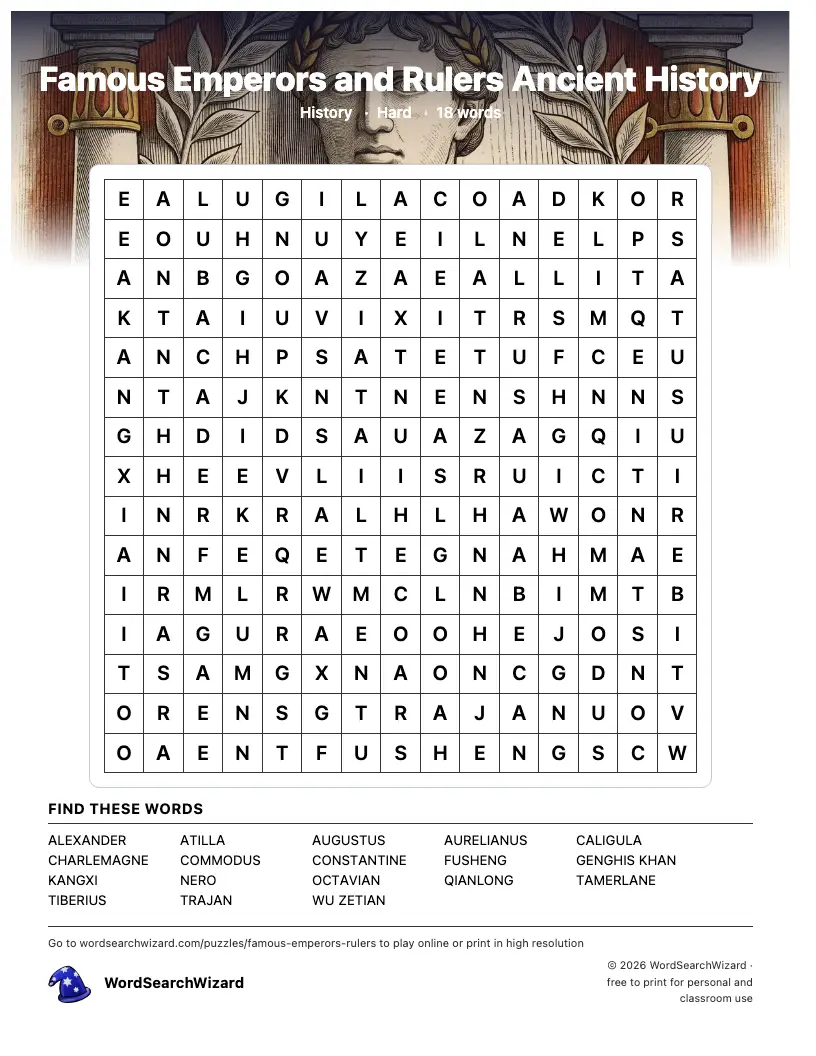 Famous Emperors and Rulers Ancient History word search printable sheet, 18 words to find