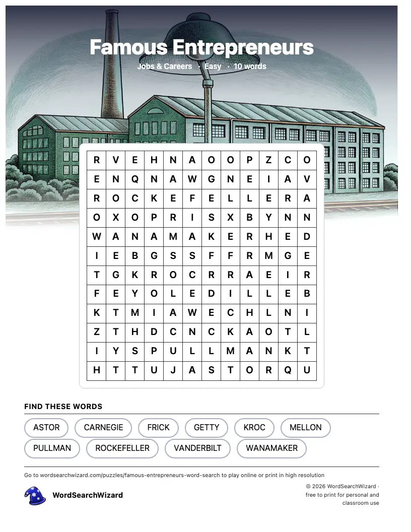 Famous Entrepreneurs word search printable sheet, 10 words to find