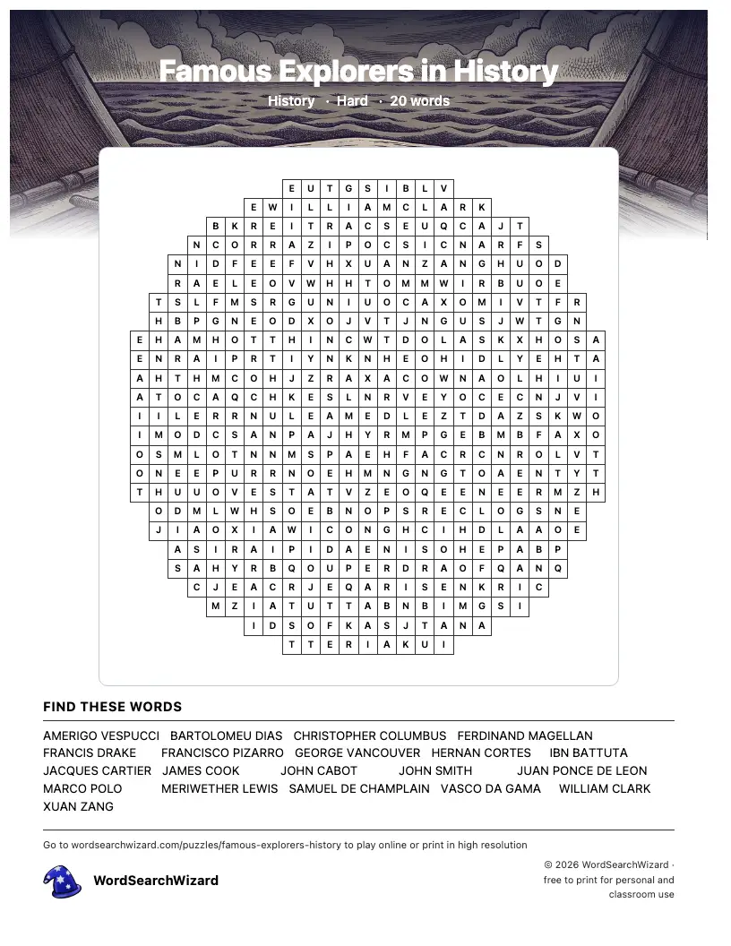 Famous Explorers in History word search printable sheet, 20 words to find