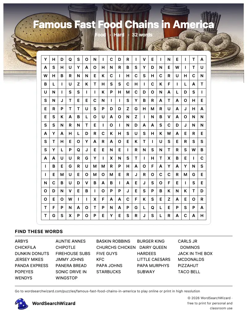 Famous Fast Food Chains in America word search printable sheet, 32 words to find