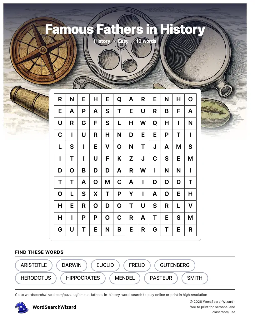 Famous Fathers in History word search printable sheet, 10 words to find