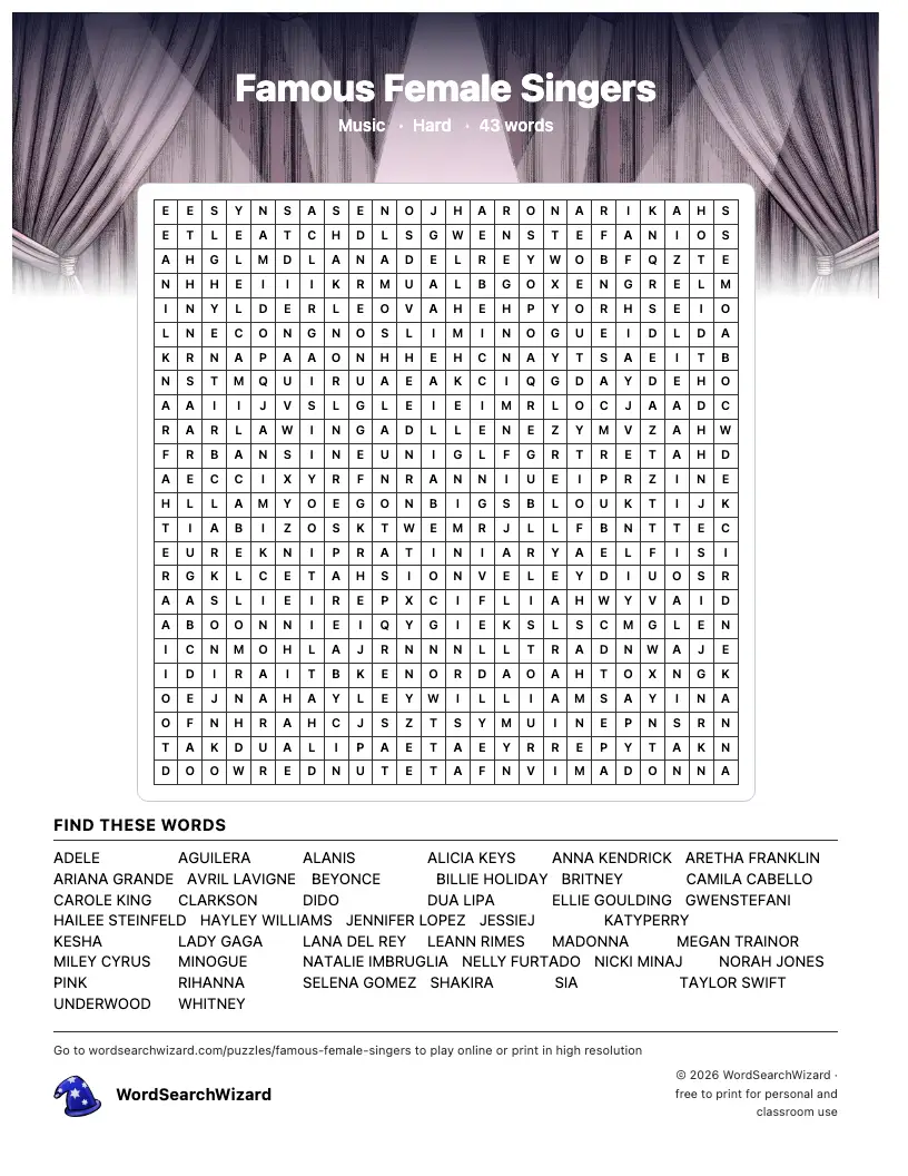Famous Female Singers word search printable sheet, 43 words to find