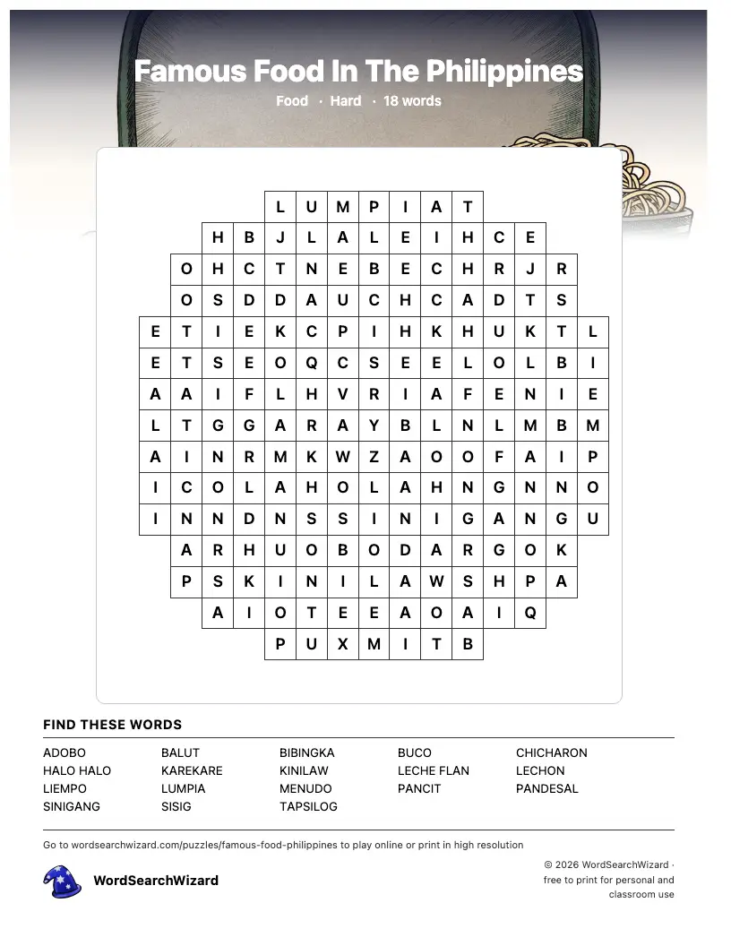 Famous Food In The Philippines word search printable sheet, 18 words to find