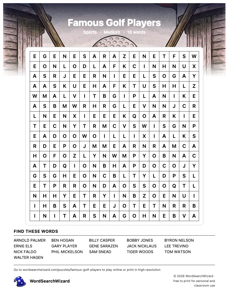 Famous Golf Players word search printable sheet, 16 words to find
