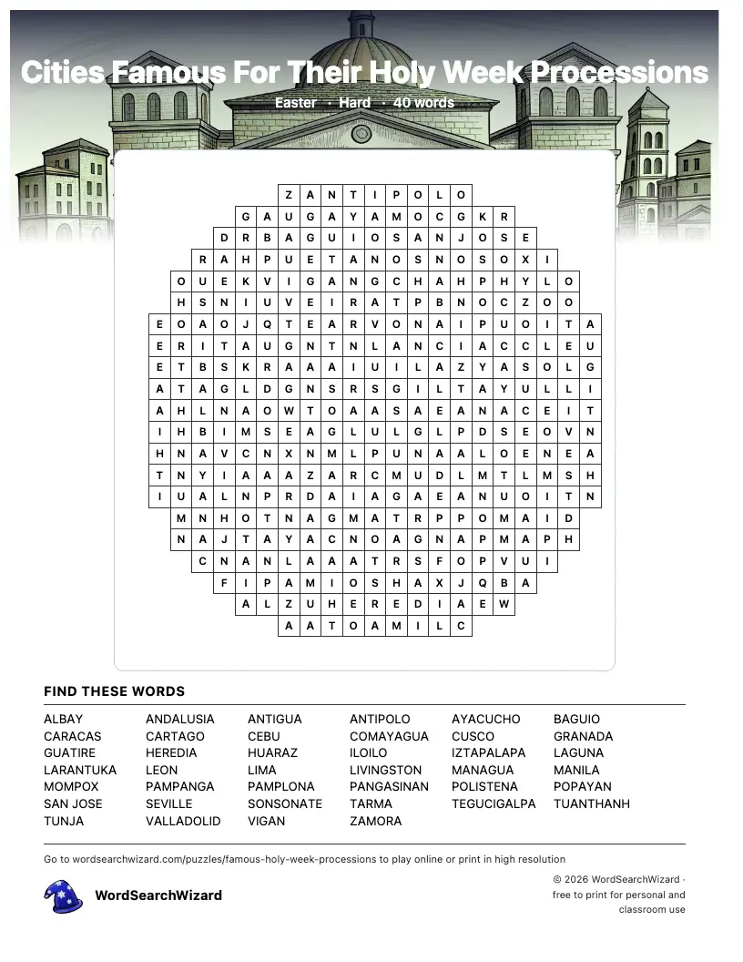 Cities Famous For Their Holy Week Processions word search printable sheet, 40 words to find