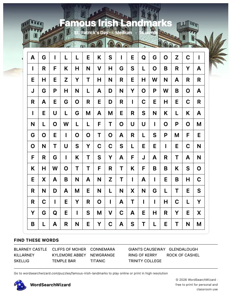 Famous Irish Landmarks word search printable sheet, 14 words to find