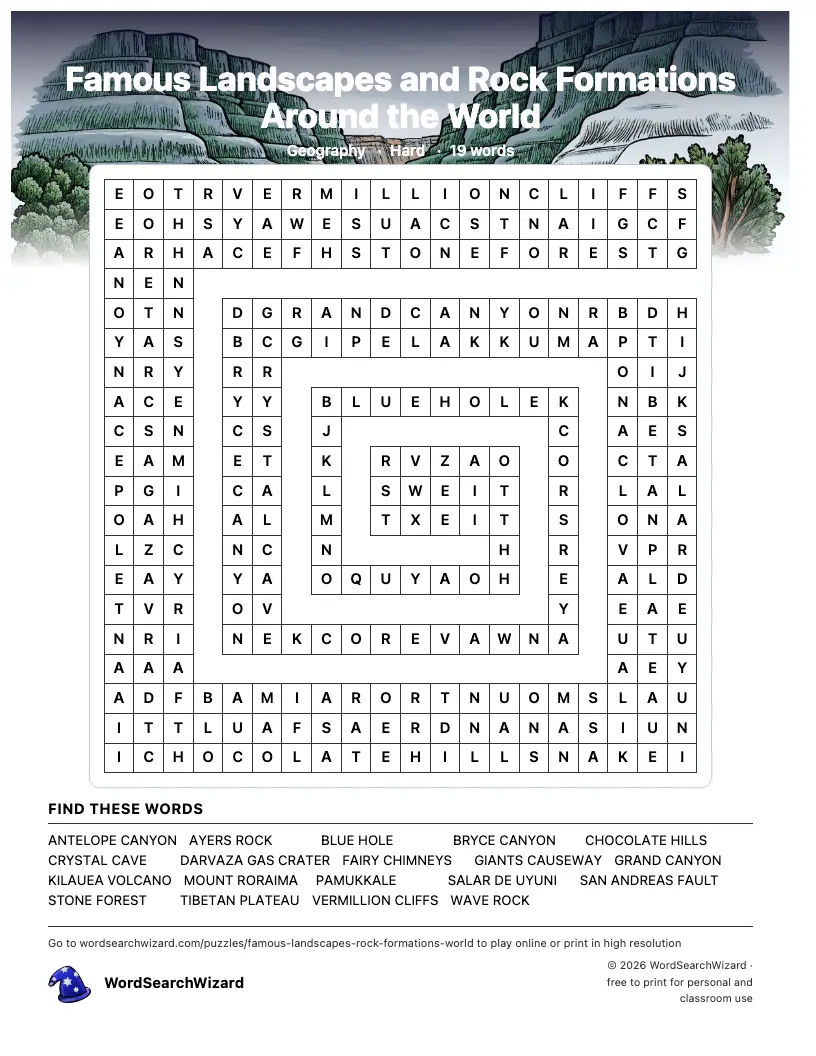 Famous Landscapes and Rock Formations Around the World word search printable sheet, 19 words to find