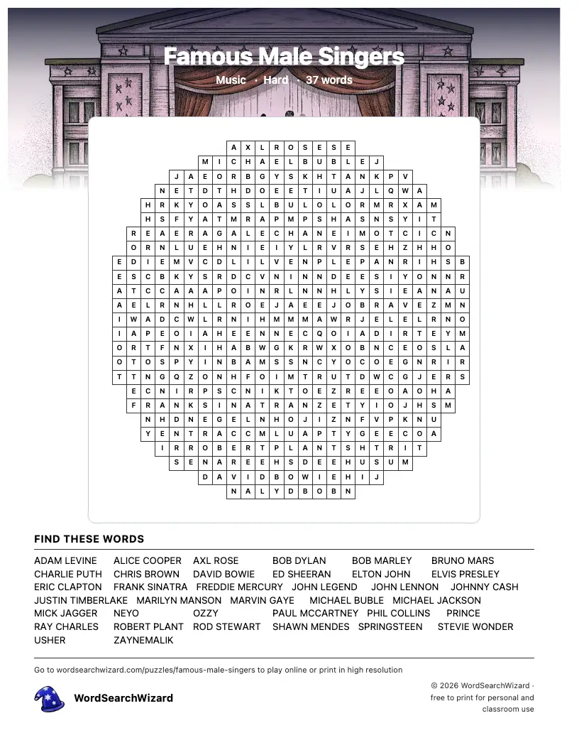 Famous Male Singers word search printable sheet, 37 words to find