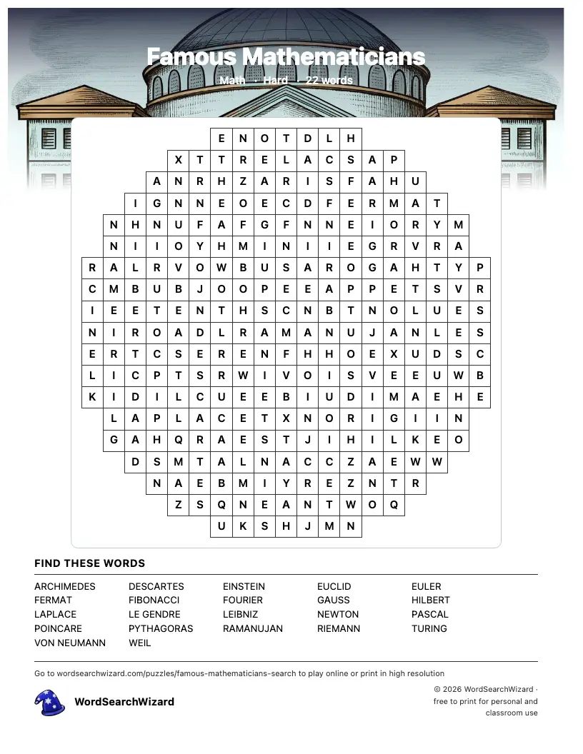 Famous Mathematicians word search printable sheet, 22 words to find