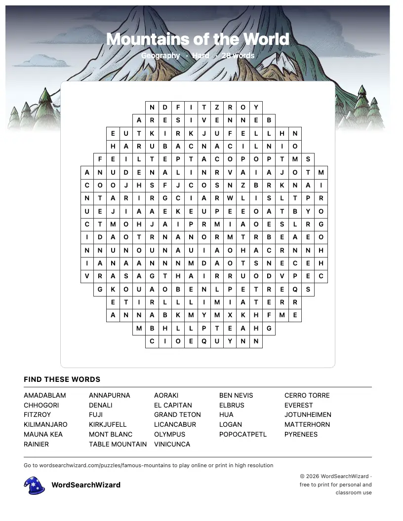 Mountains of the World word search printable sheet, 28 words to find