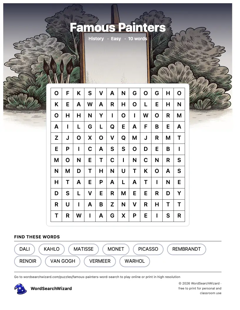 Famous Painters word search printable sheet, 10 words to find