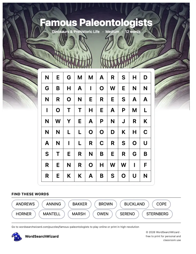 Famous Paleontologists word search printable sheet, 12 words to find