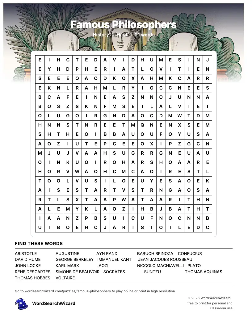Famous Philosophers word search printable sheet, 21 words to find