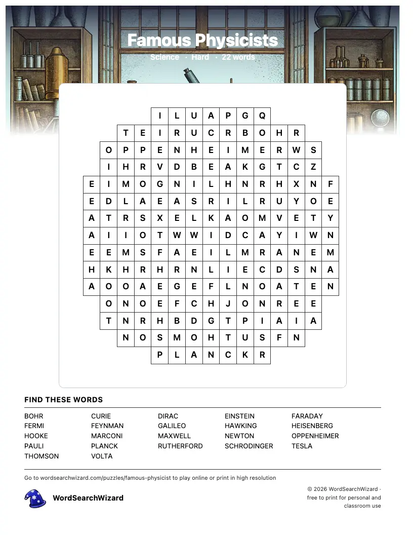 Famous Physicists word search printable sheet, 22 words to find