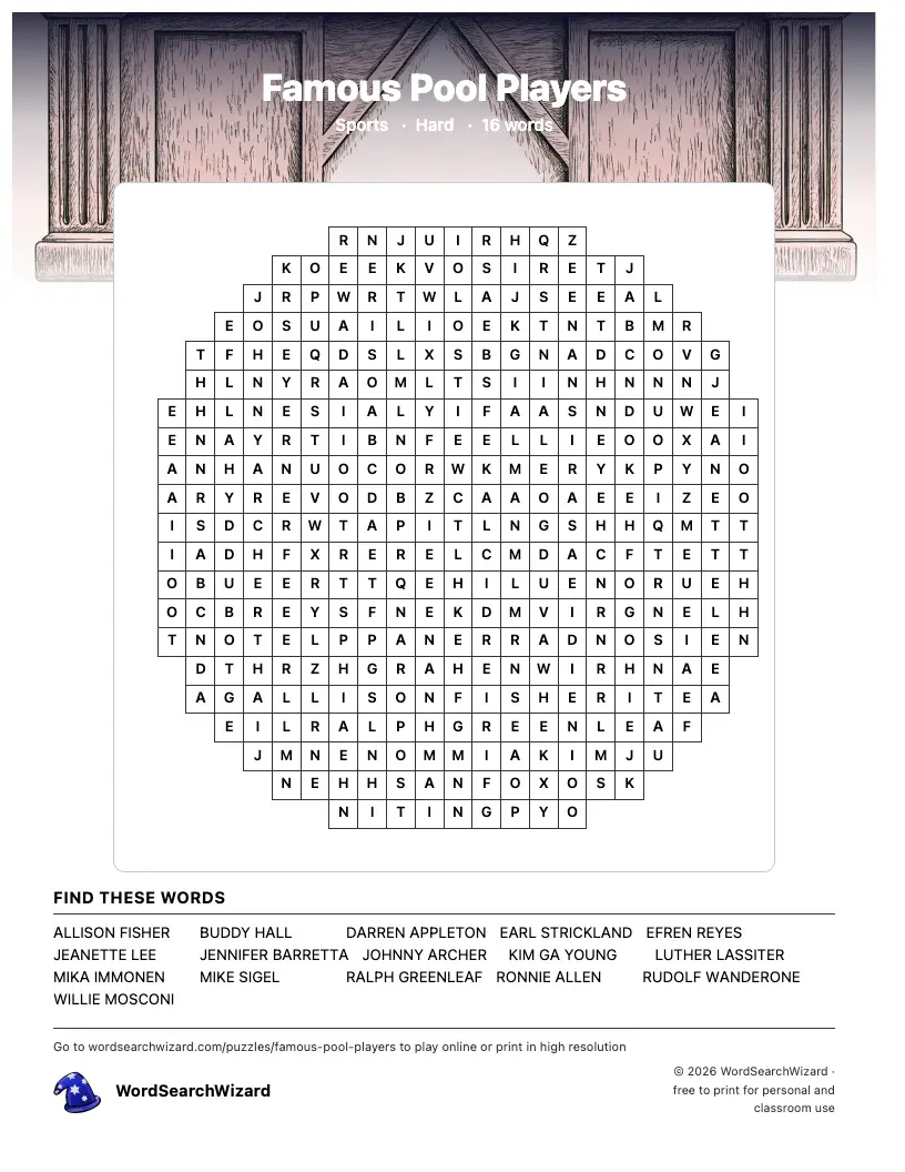 Famous Pool Players word search printable sheet, 16 words to find