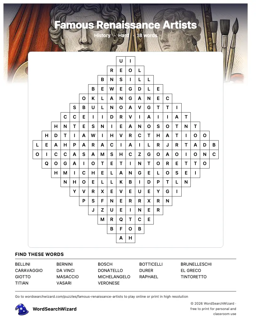 Famous Renaissance Artists word search printable sheet, 18 words to find