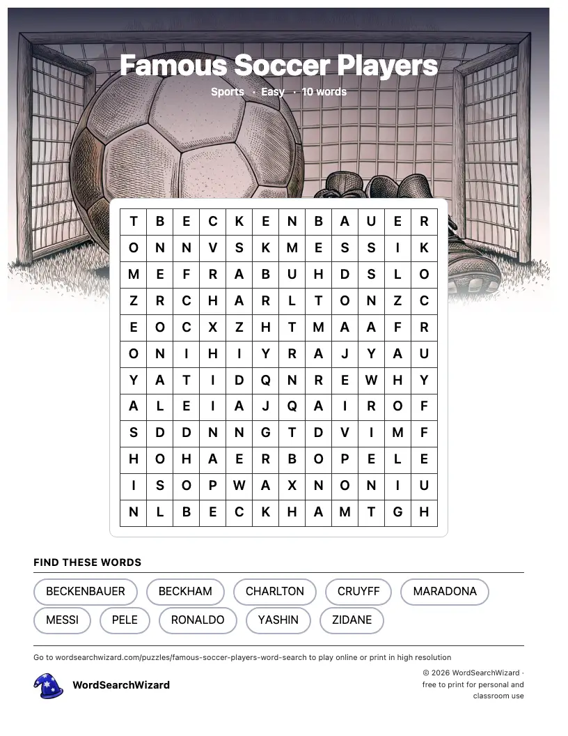 Famous Soccer Players word search printable sheet, 10 words to find