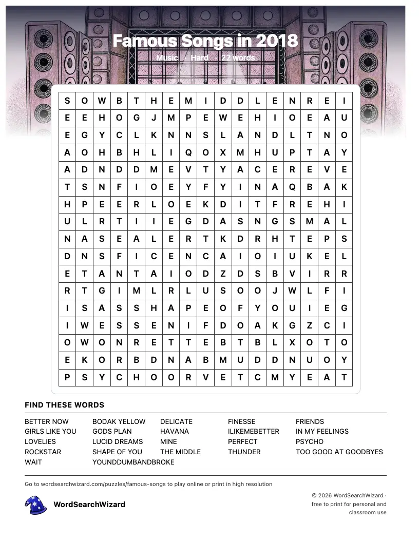 Famous Songs in 2018 word search printable sheet, 22 words to find
