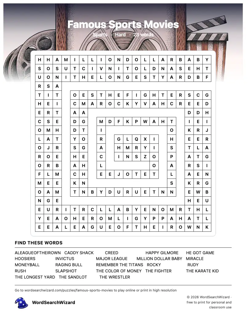 Famous Sports Movies word search printable sheet, 23 words to find
