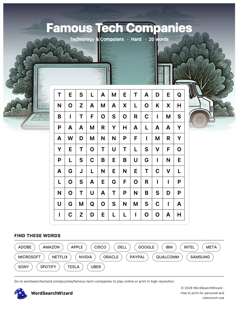 Famous Tech Companies word search printable sheet, 20 words to find