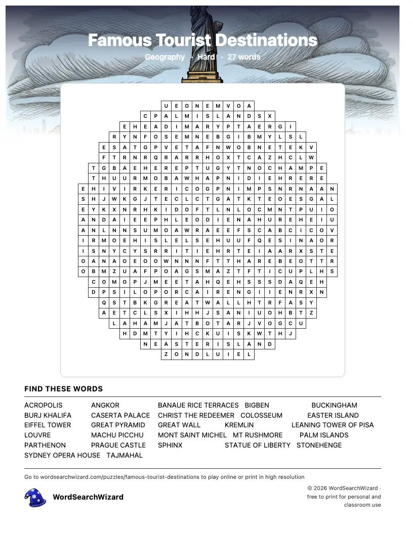 Famous Tourist Destinations word search printable sheet, 27 words to find