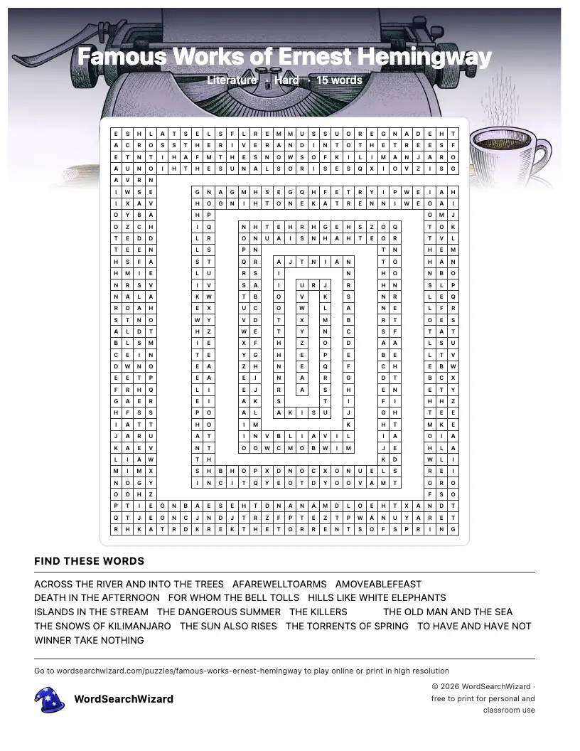 Famous Works of Ernest Hemingway word search printable sheet, 15 words to find