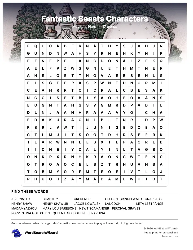 Fantastic Beasts Characters word search printable sheet, 17 words to find