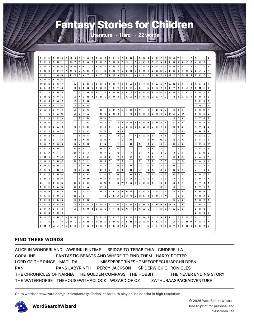 Fantasy Stories for Children word search printable sheet, 22 words to find