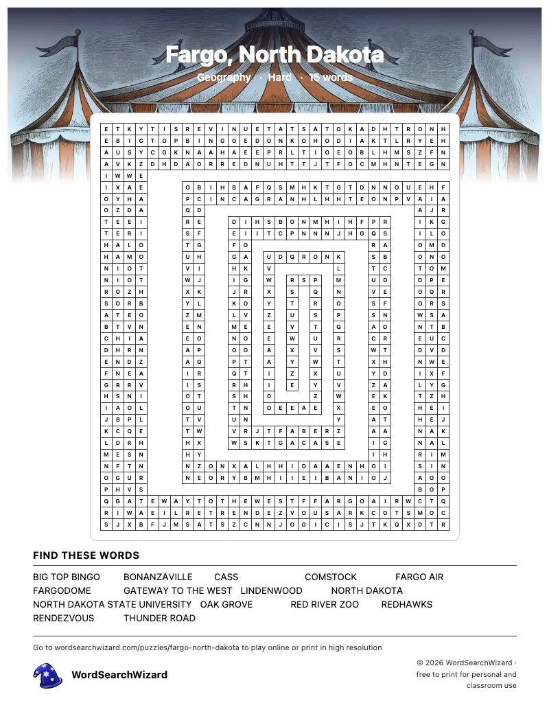 Fargo, North Dakota word search printable sheet, 15 words to find