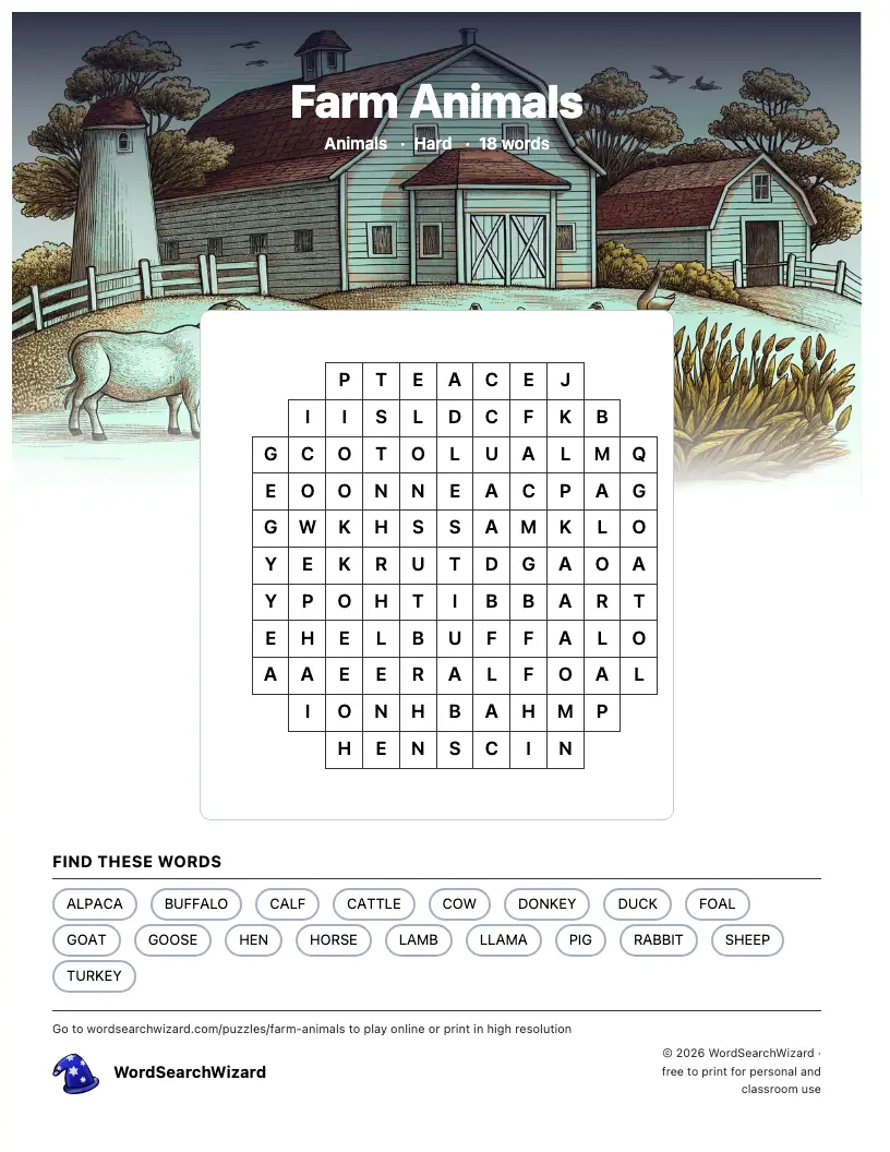 Farm Animals word search printable sheet, 18 words to find