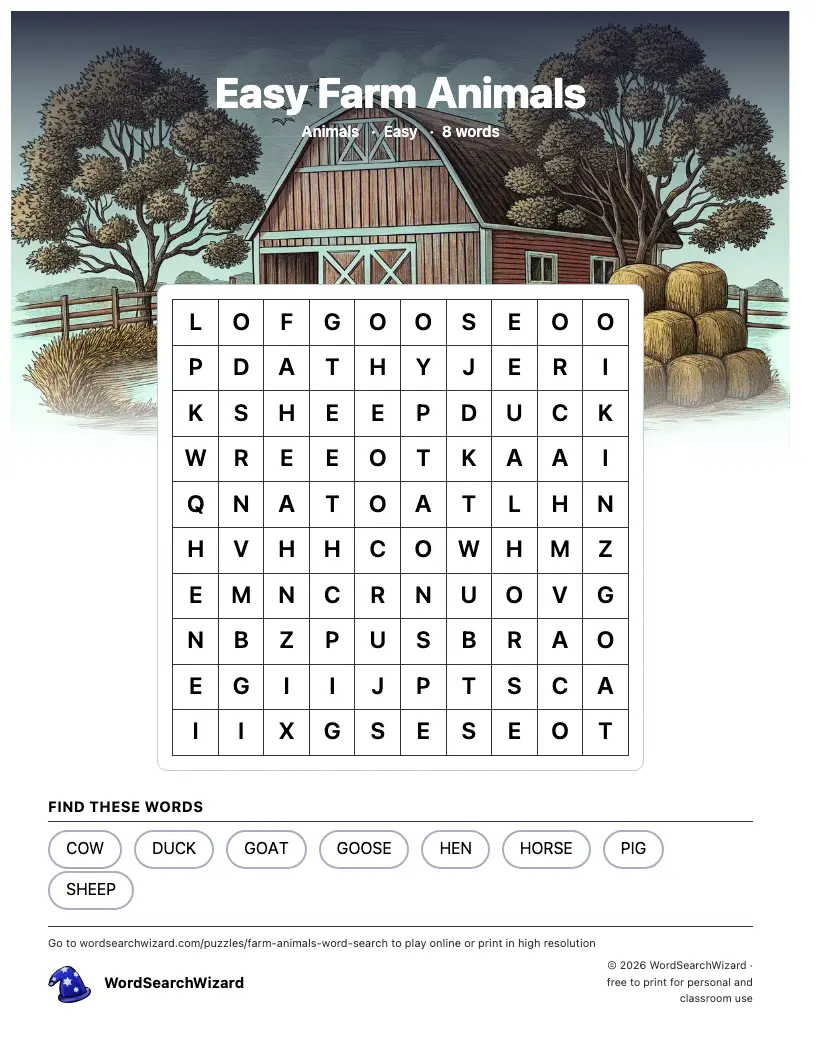 Easy Farm Animals word search printable sheet, 8 words to find