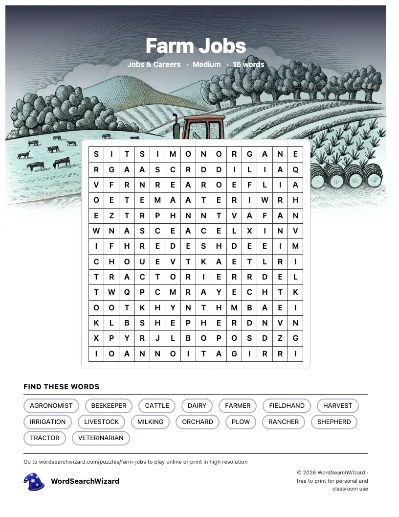 Farm Jobs word search printable sheet, 16 words to find