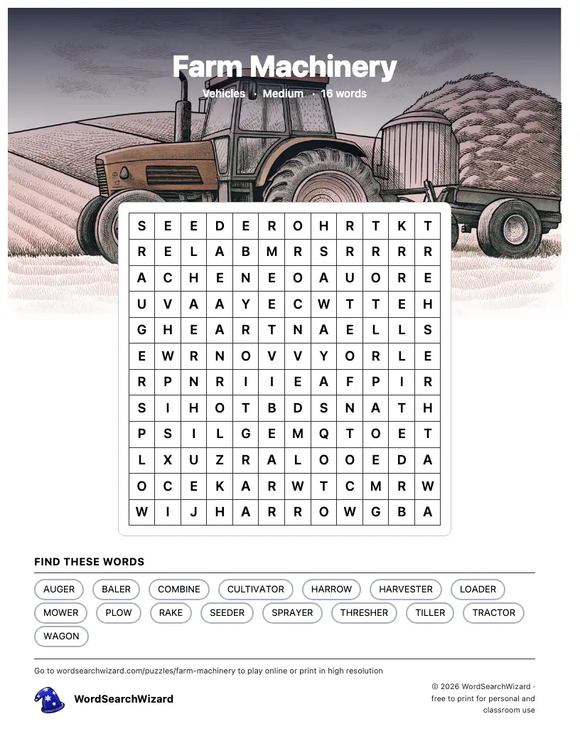 Farm Machinery word search printable sheet, 16 words to find