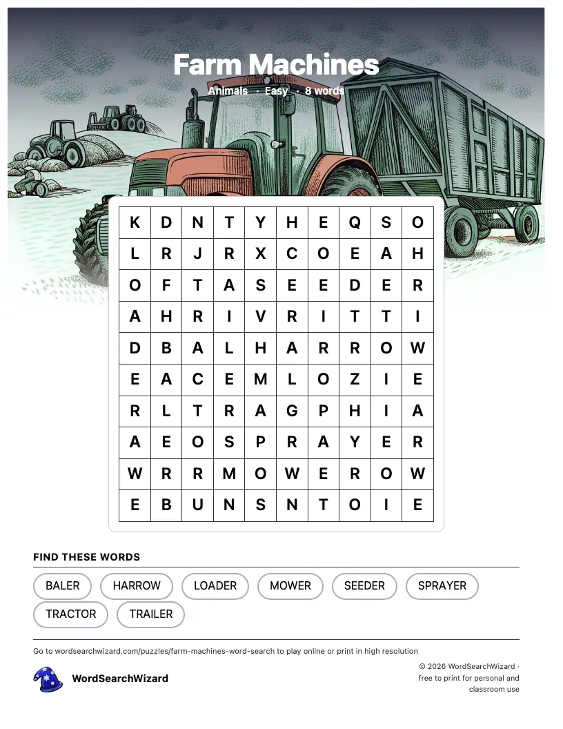 Farm Machines word search printable sheet, 8 words to find