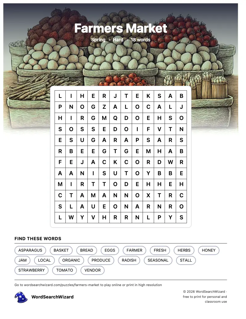 Farmers Market word search printable sheet, 18 words to find