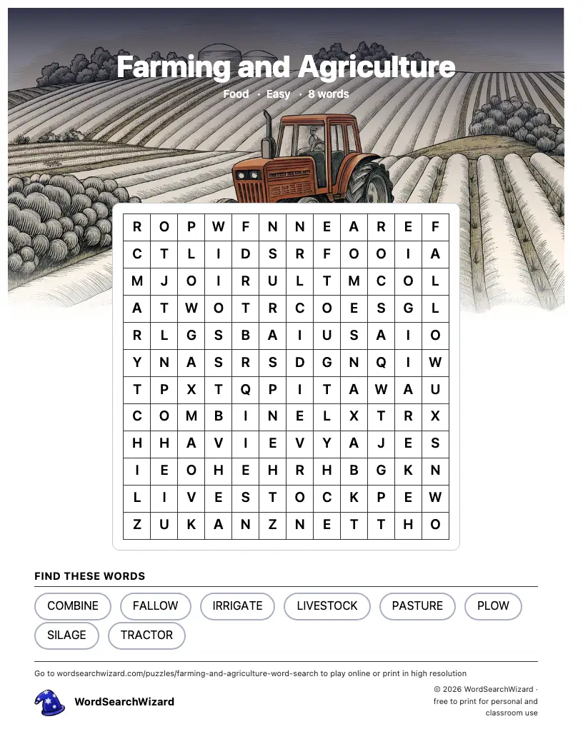 Farming and Agriculture word search printable sheet, 8 words to find