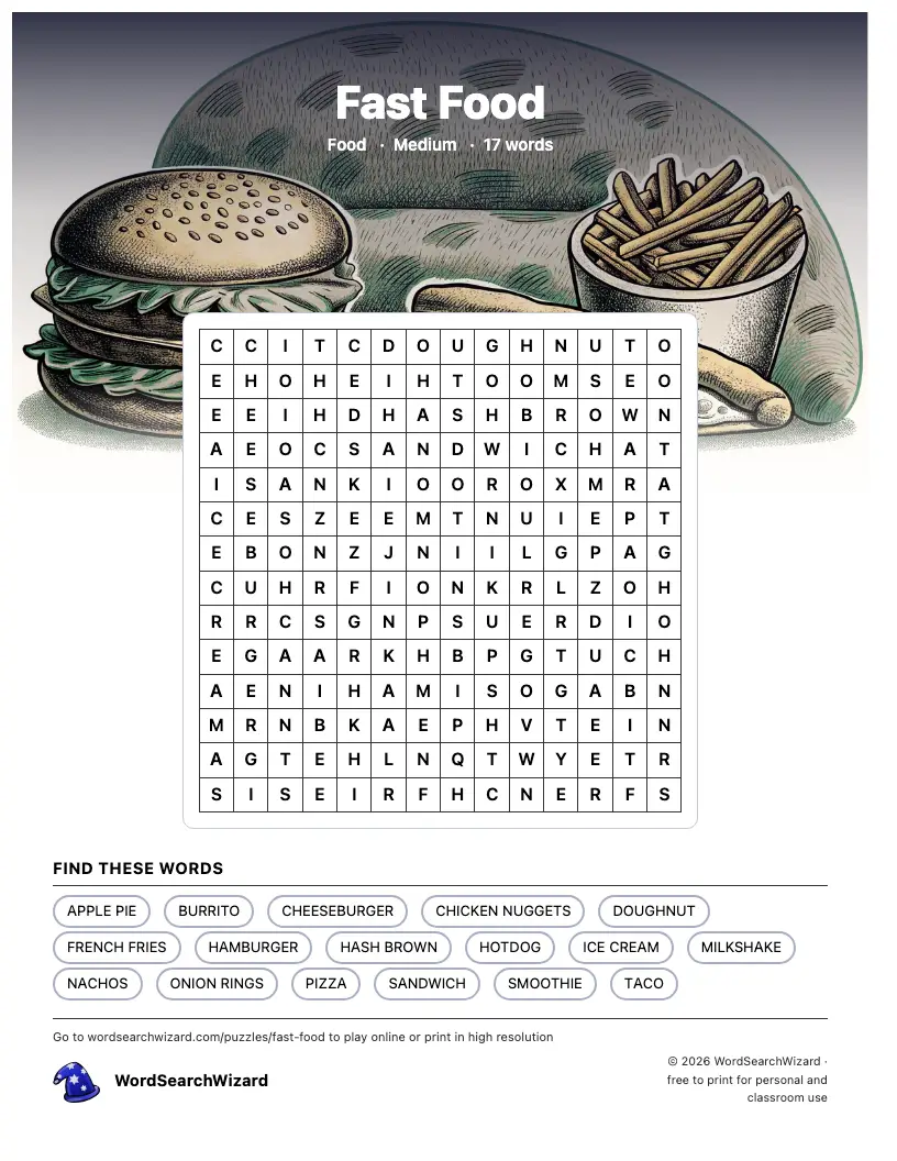 Fast Food word search printable sheet, 17 words to find