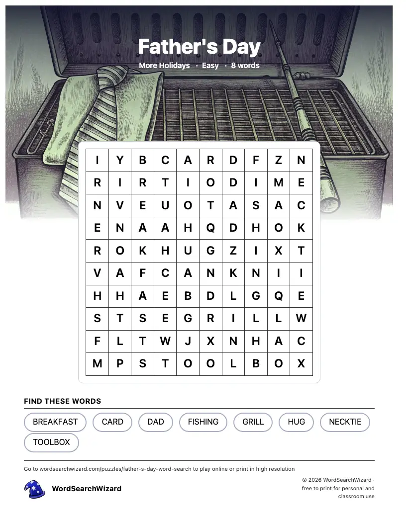 Father's Day word search printable sheet, 8 words to find