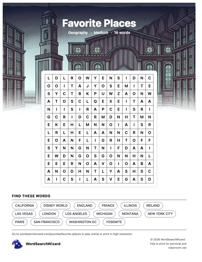 Favorite Places word search printable sheet, 16 words to find