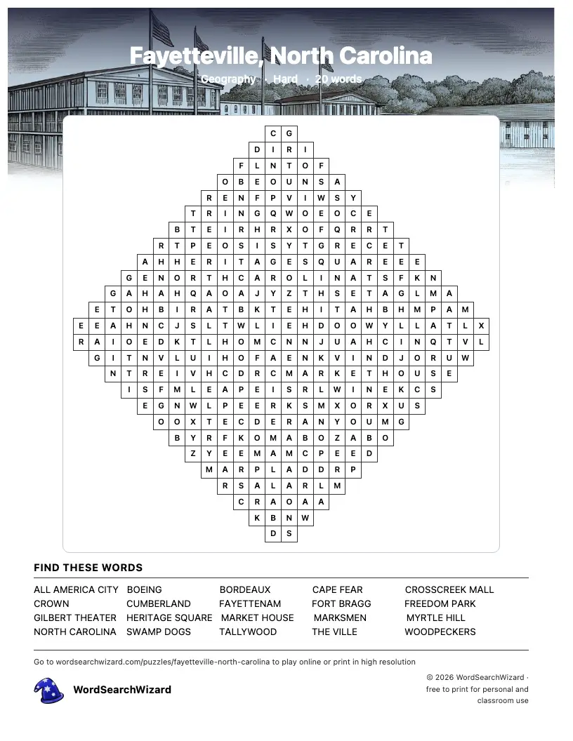 Fayetteville, North Carolina word search printable sheet, 20 words to find