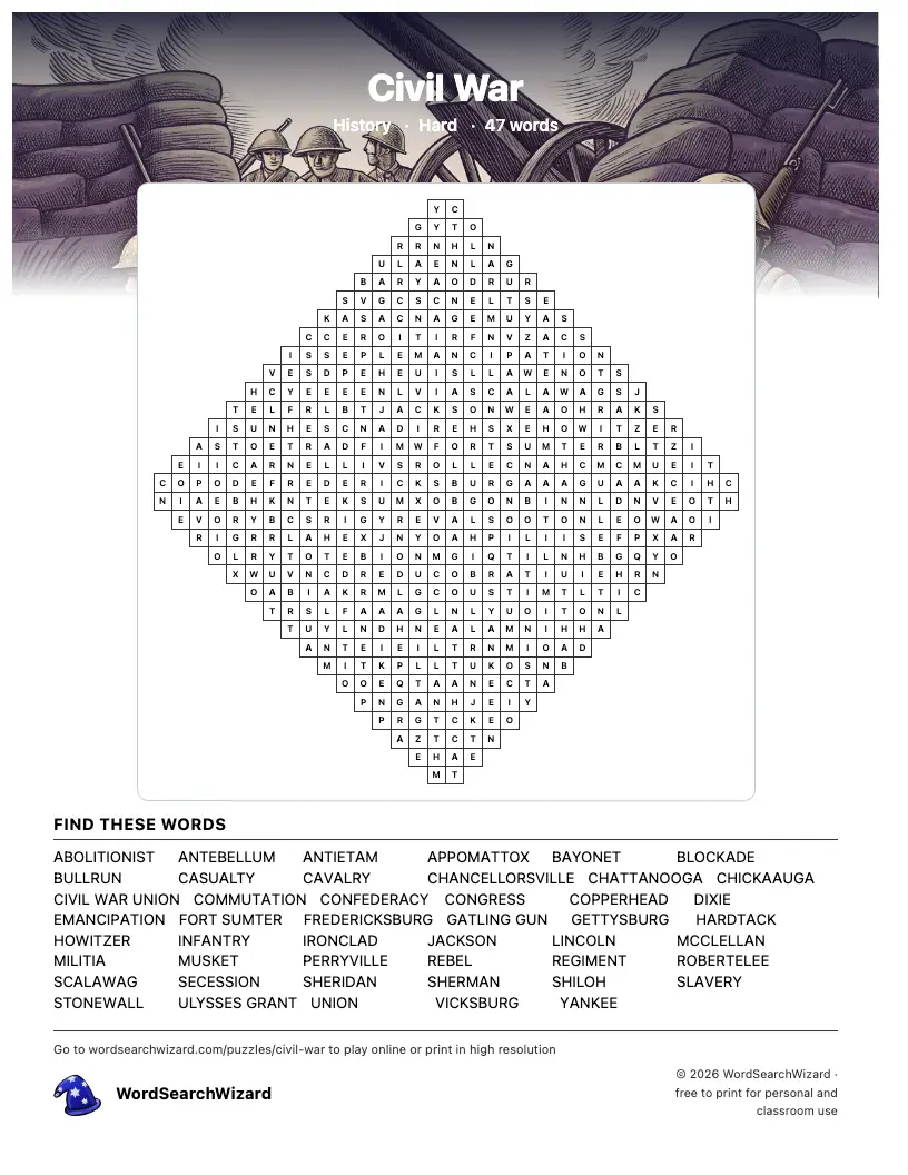Printable Civil War word search puzzle sheet, 47 words to find