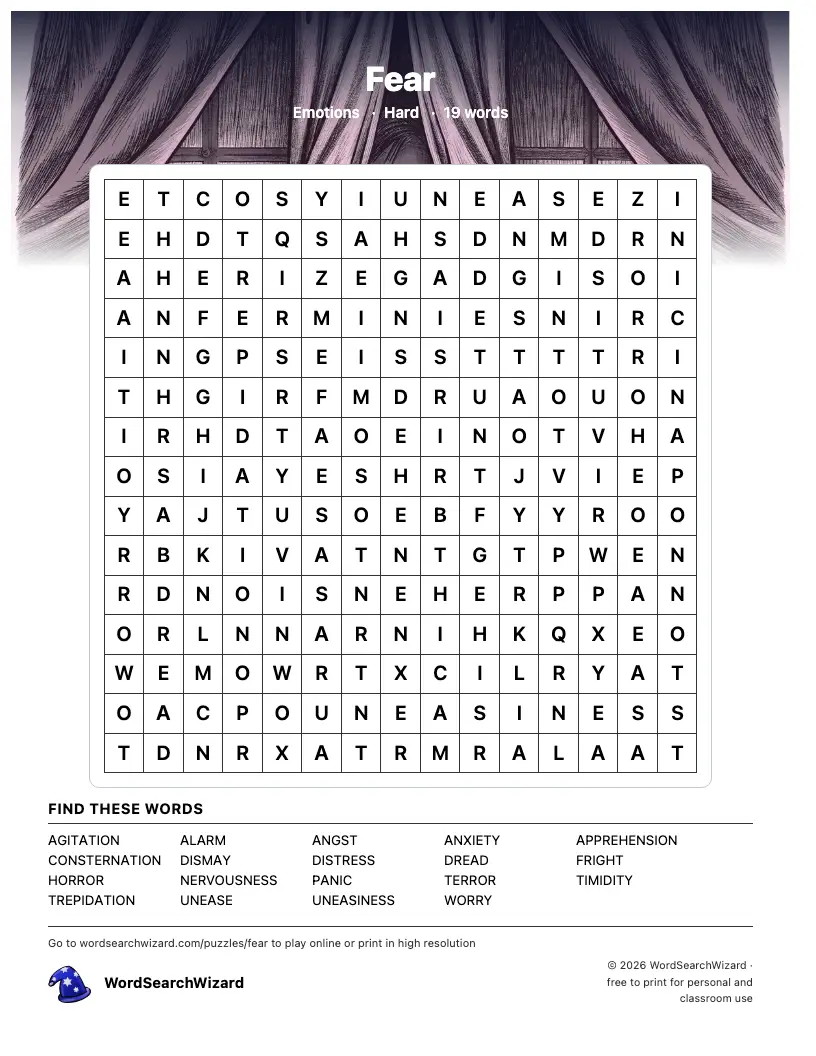 Fear word search printable sheet, 19 words to find