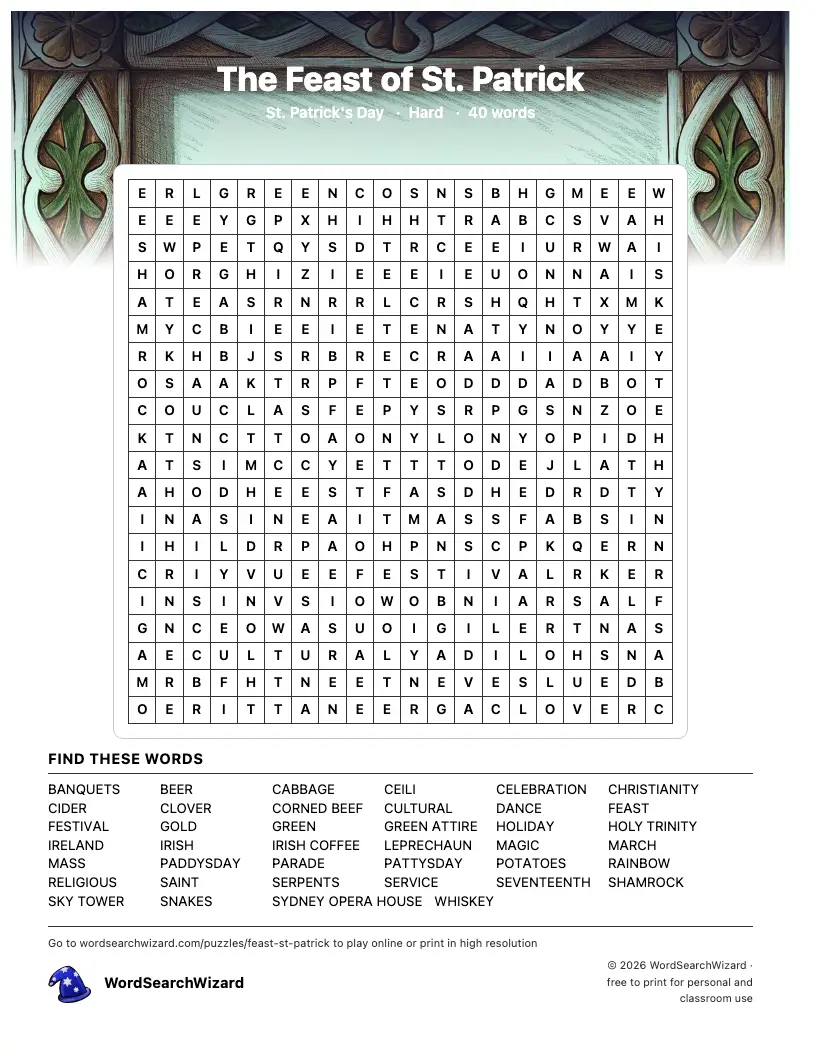 The Feast of St. Patrick word search printable sheet, 40 words to find
