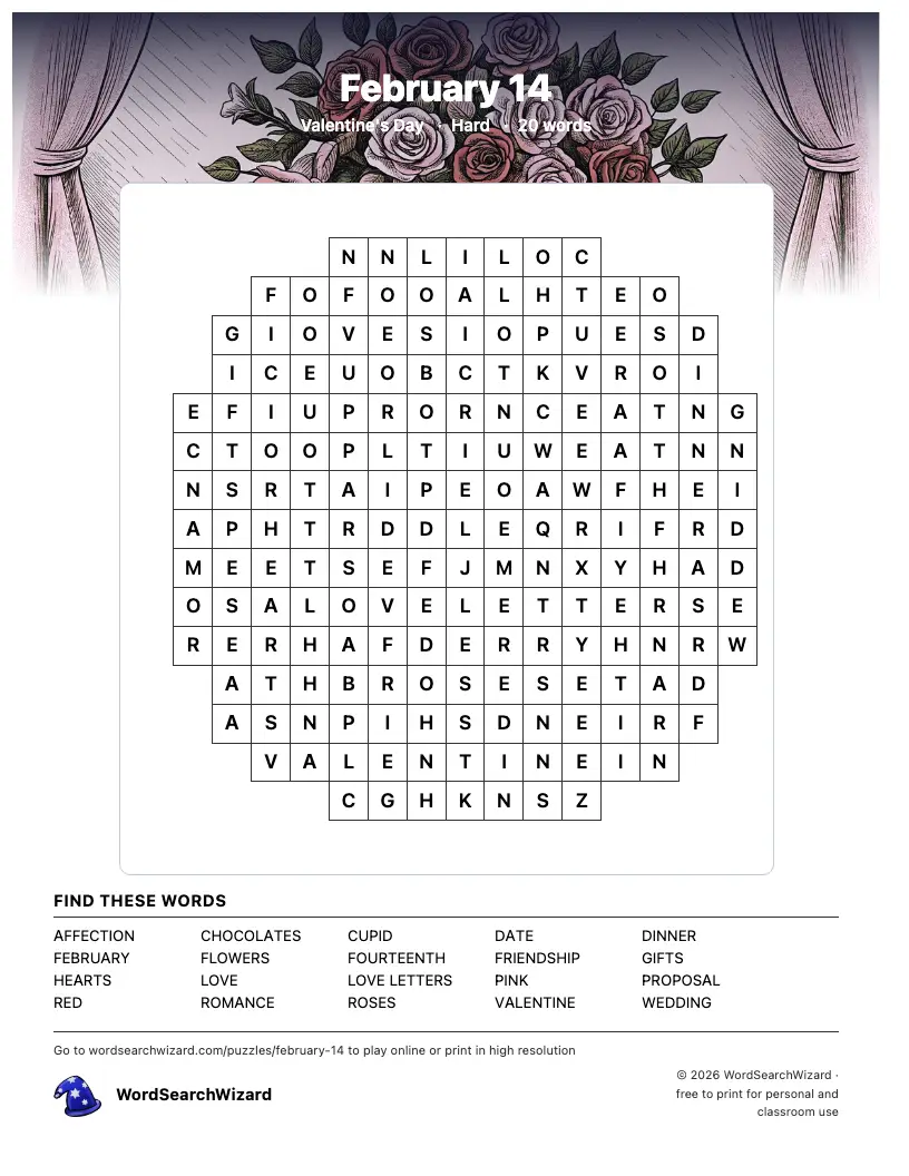 February 14 word search printable sheet, 20 words to find