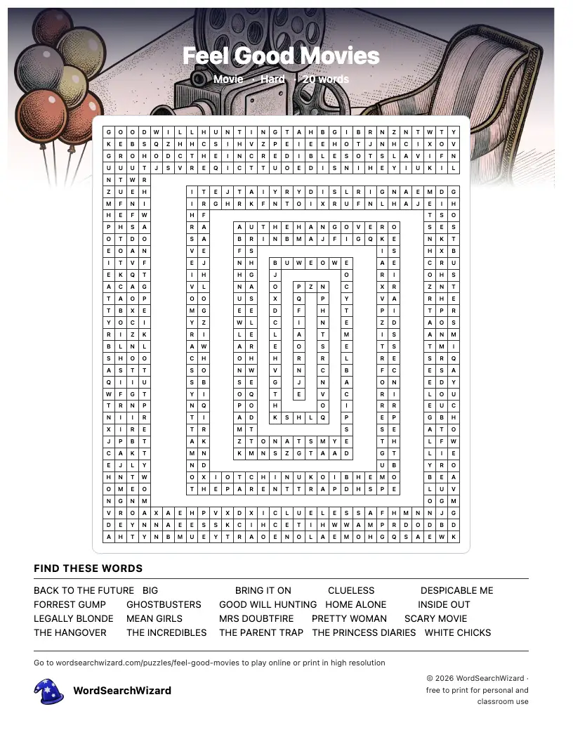 Feel Good Movies word search printable sheet, 20 words to find