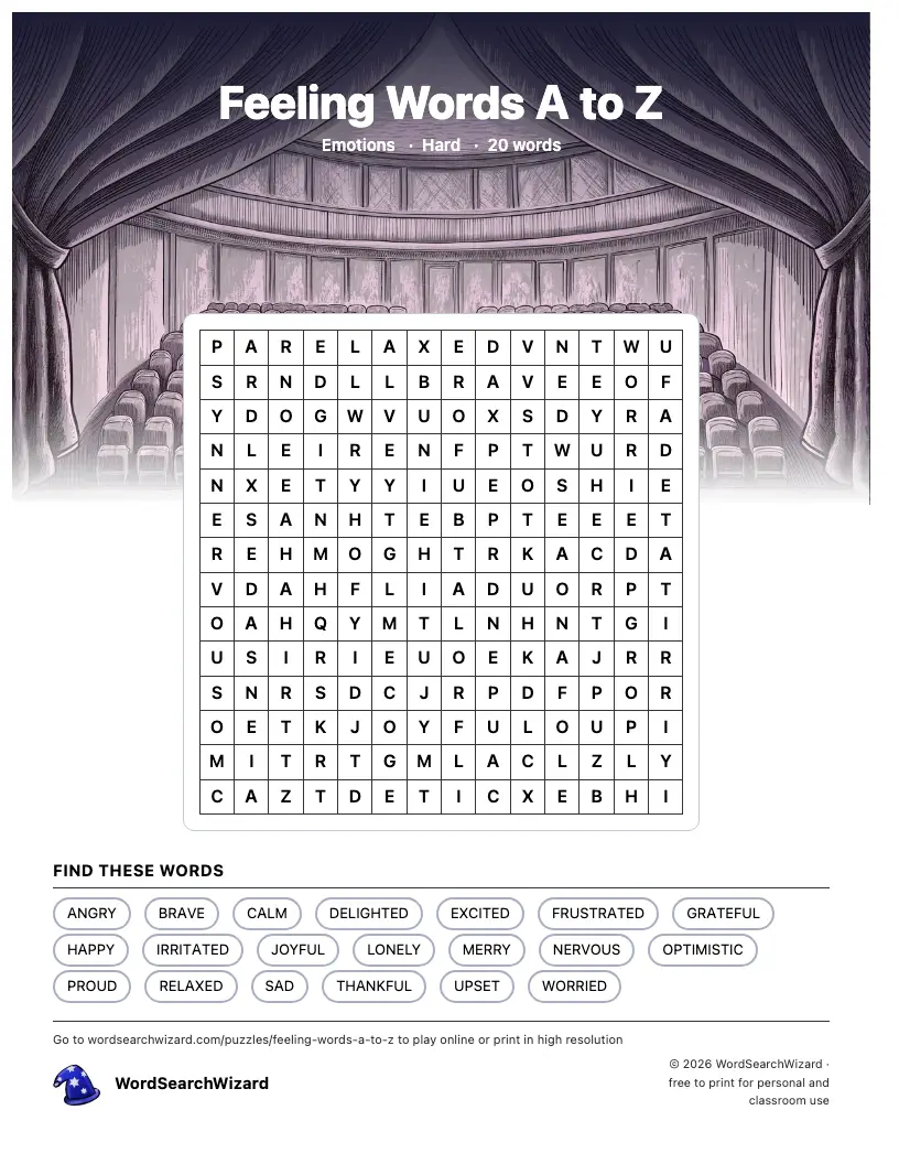 Feeling Words A to Z word search printable sheet, 20 words to find