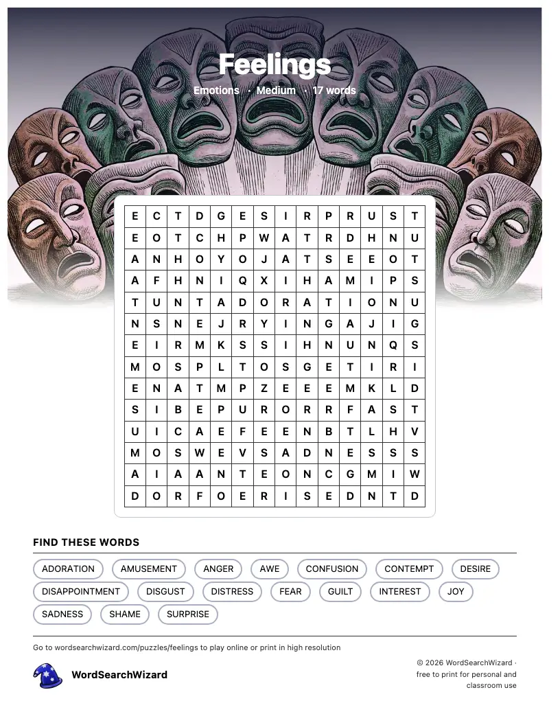 Feelings word search printable sheet, 17 words to find